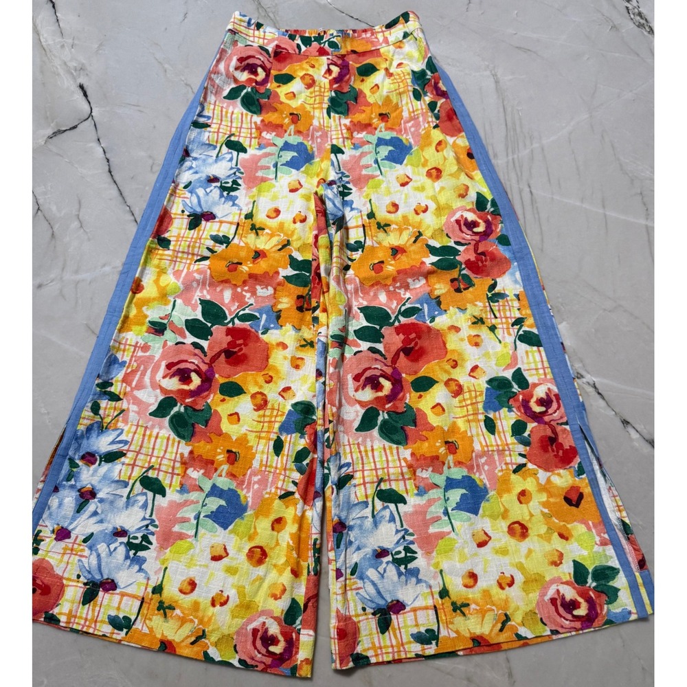 Frances Valentine Floral Wide Leg Pants Blue Side Stripe Linen Blend Multicolor
